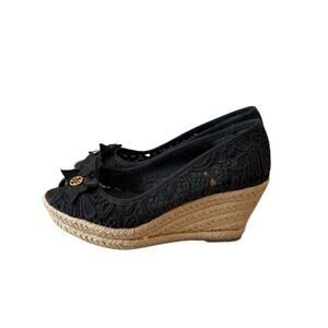 Tory Burch 9.5 B Black Jackie Lace Espadrille Wedge Sandals Spring Summer Preppy